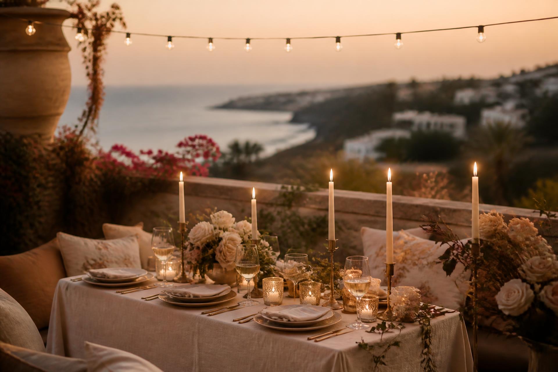Candlelit coastal dinner table styled for a milestone reveal at golden hour